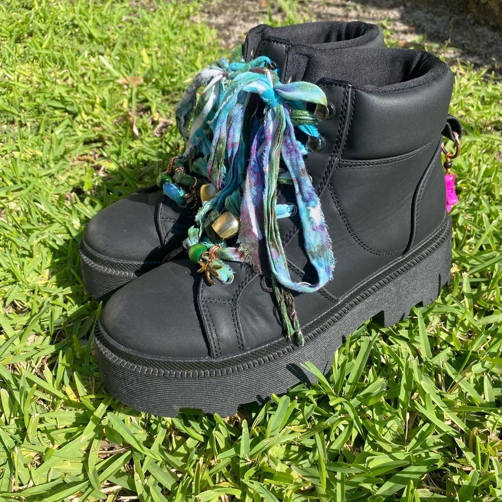 Black Platform Boots with Turquoise Multi-Color Laces - Picture 2 of 7